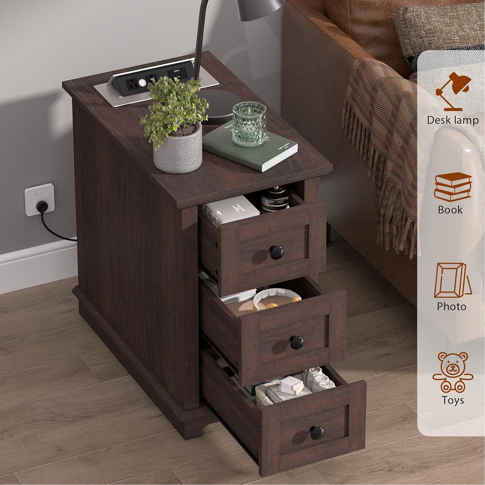 HIFYOBRO 3 Drawers End Table with Flip Top Charging Station, Narrow Side Tabl...