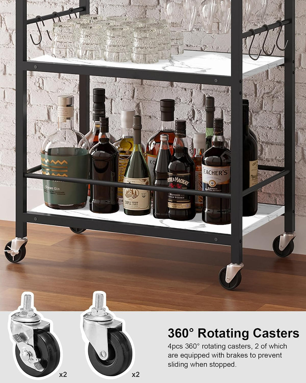 TUTOTAK Bar Cart with Wheels, Drink Cart with Wine Rack and Glass Holder