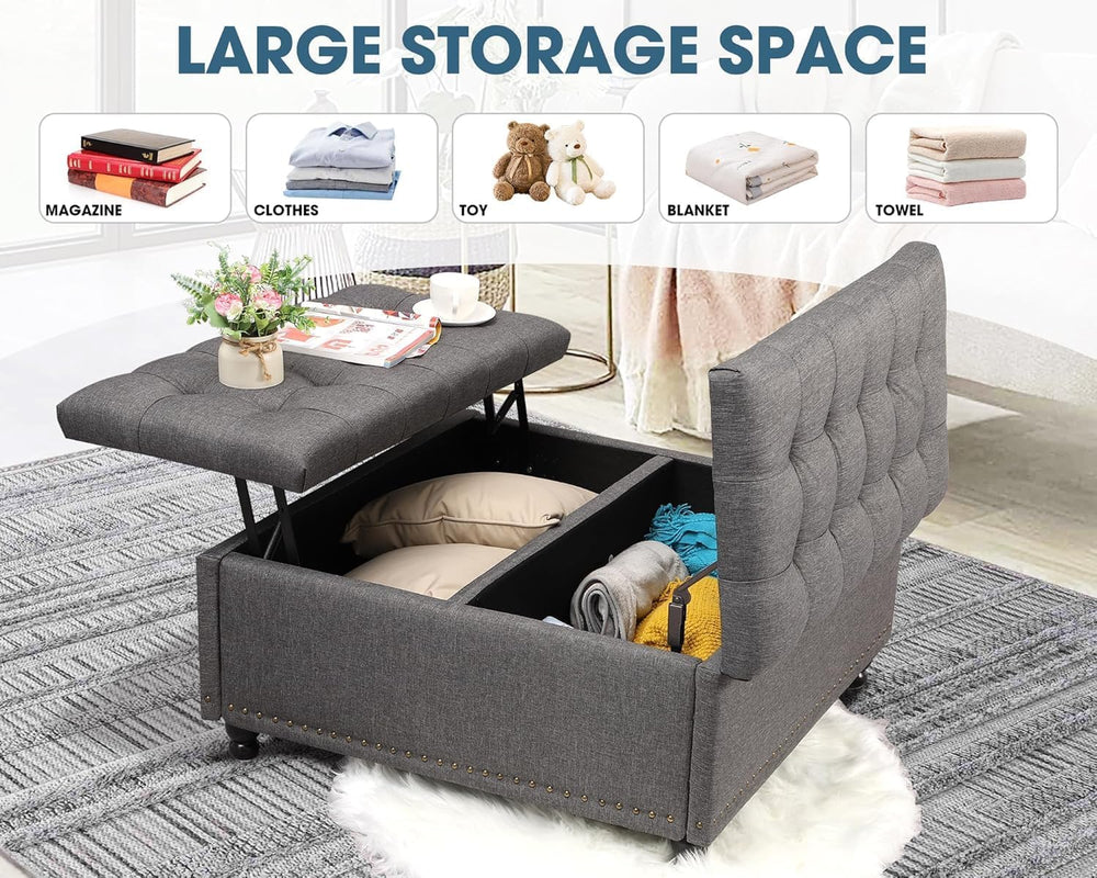 36" Large Square Ottoman with Storage, Tufted Upholstered Storage Ottoma...