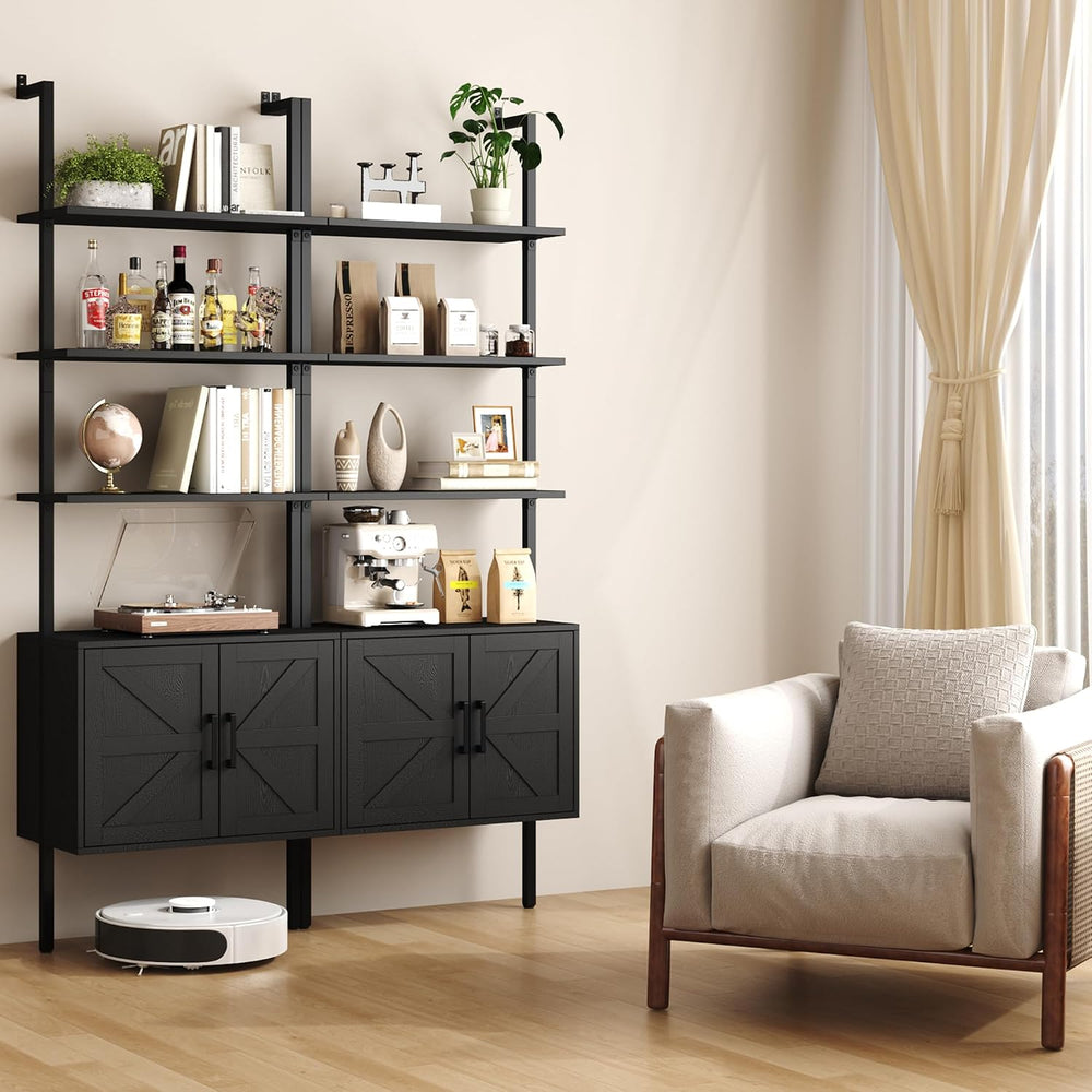 Yusong 73" Tall Bookshelf with Cabinet, Industrial Ladder Wall Mount She...