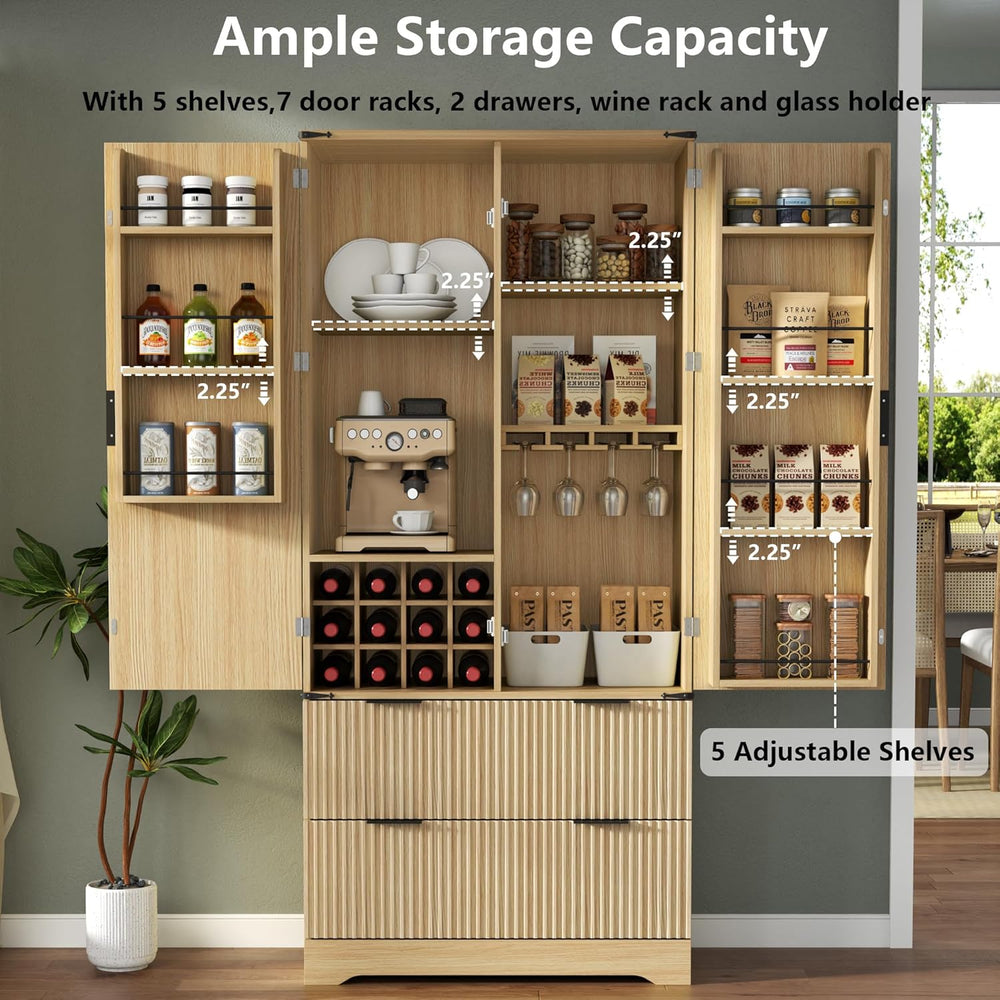 71" Tall Fluted Kitchen Pantry Storage Cabinet with 2 Drawers & 7 Do...
