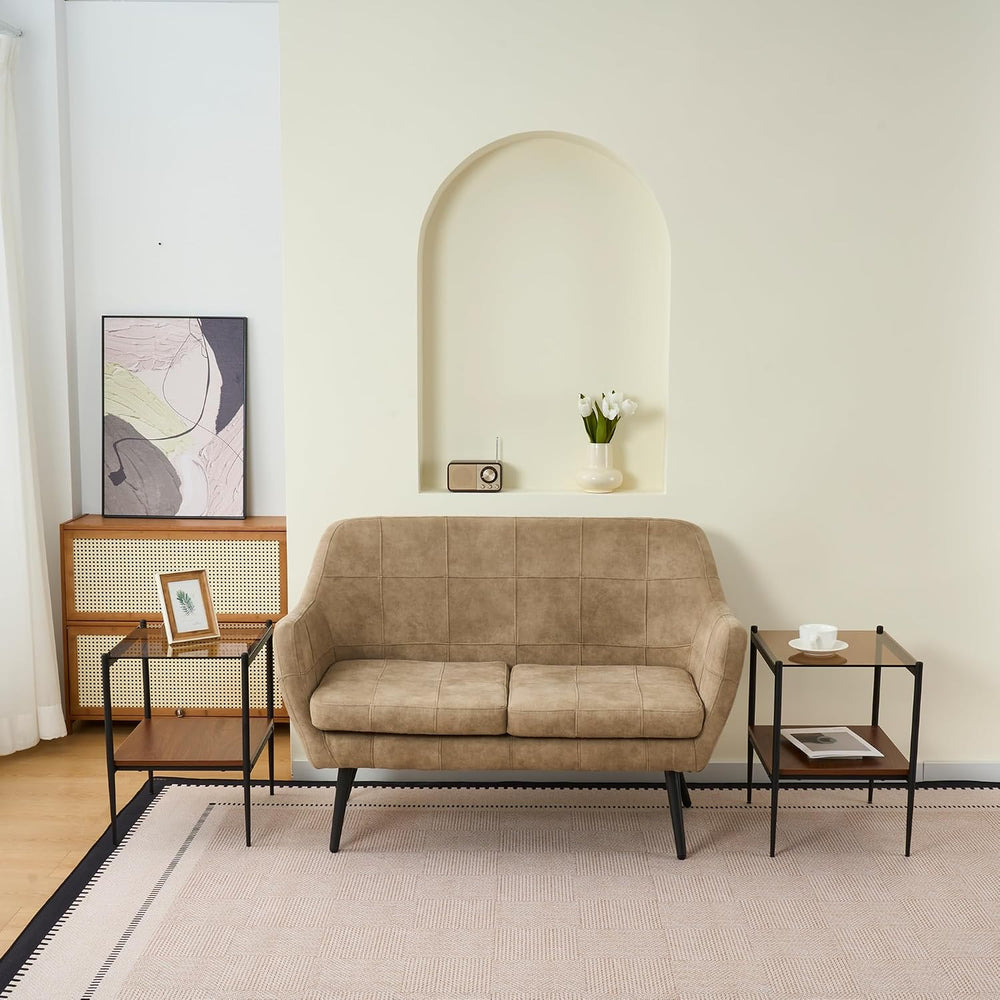 Set of 2 Rectangle End Tables, Tempered Glass Top, Brown | MDF shelf, iron le...