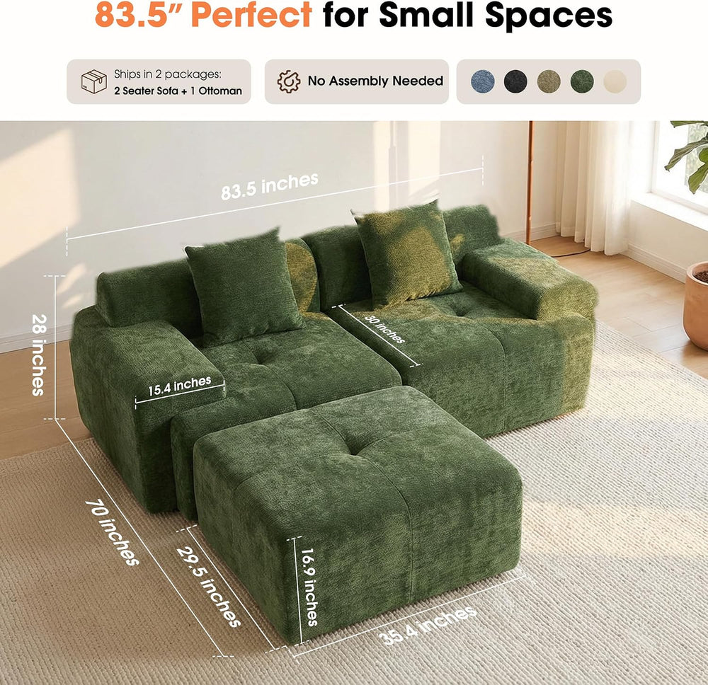 84" Modular Loveseat Couch, 60" Deep Seat Boneless Sofa with Ottoman