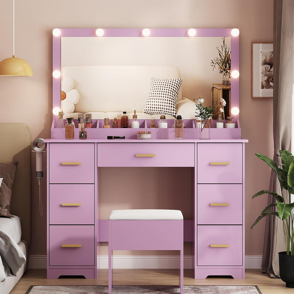 44" Vanity Desk with Chair and Glass Top, Vanity Table with 7 Drawers | ...