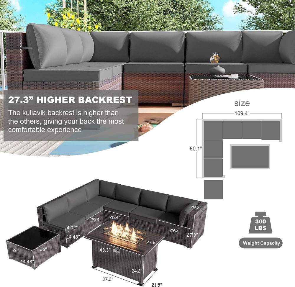 Kullavik 8 Piece Outdoor Wicker Patio Furniture Set with Fire Pit Table