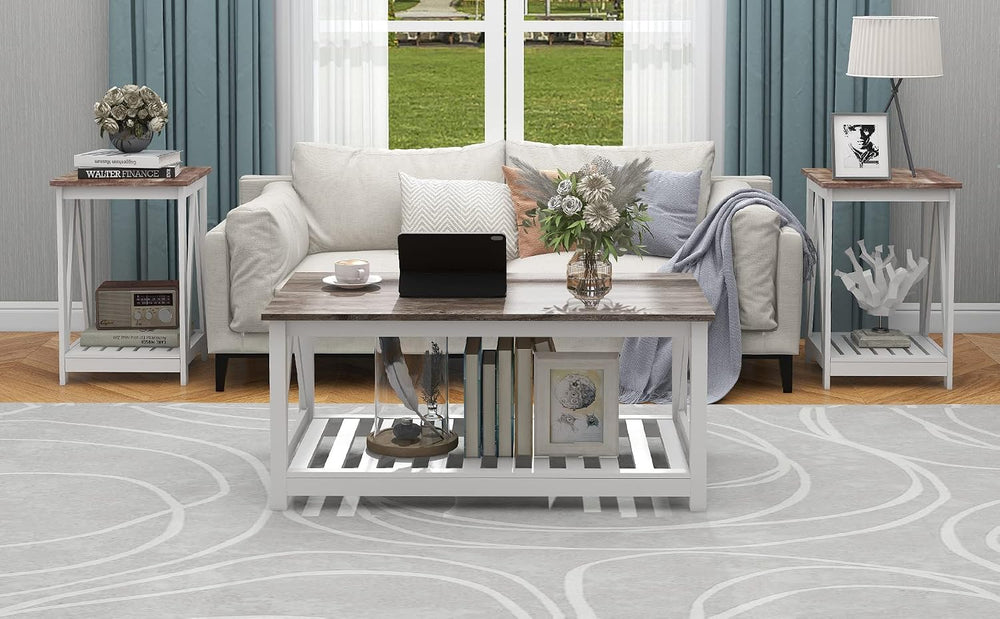 Farmhouse Coffee Table and End Table Set, Oak Grey Wooden Living Room Furnitu...
