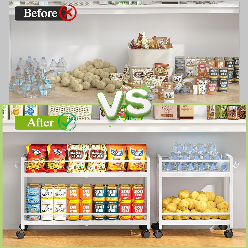 1 Pack 2-Tier Expandable Pantry Floor Organizer Cart, Rolling Pantry Storage ...