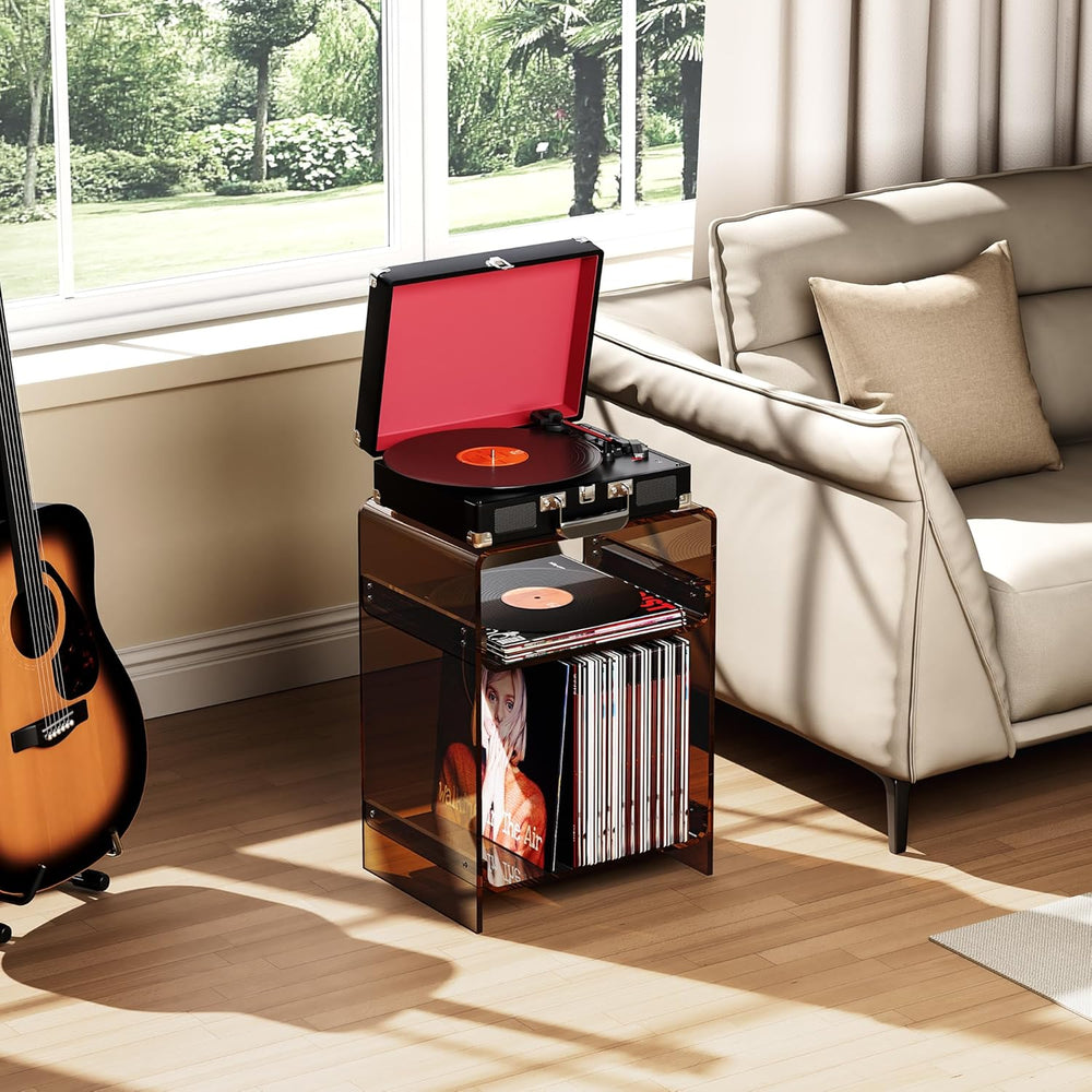 Acrylic Record Player Table with Storage Shelf, Clear Side Table Nightstand (...
