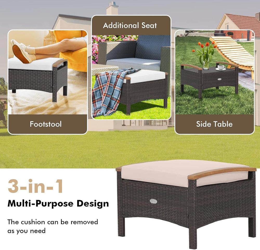 Tangkula 2 Piece Patio Rattan Ottomans, Outdoor Wicker Footstool w/Acacia Woo...