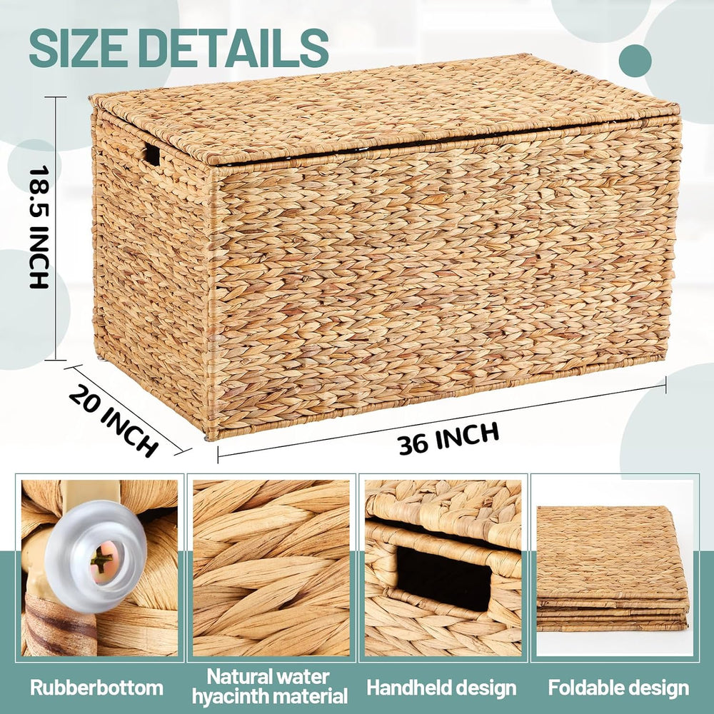 Wonderjune 36 x 20 x 18.5 Inch Water Hyacinth Wicker Storage Trunk with Metal...