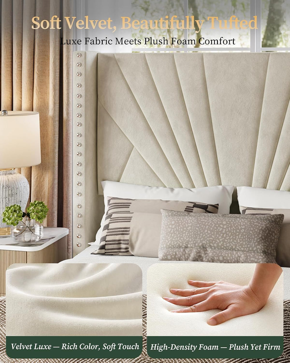 Queen Bed Frame 55" Velvet Upholstered Platform Bed, Art Deco, Cream White