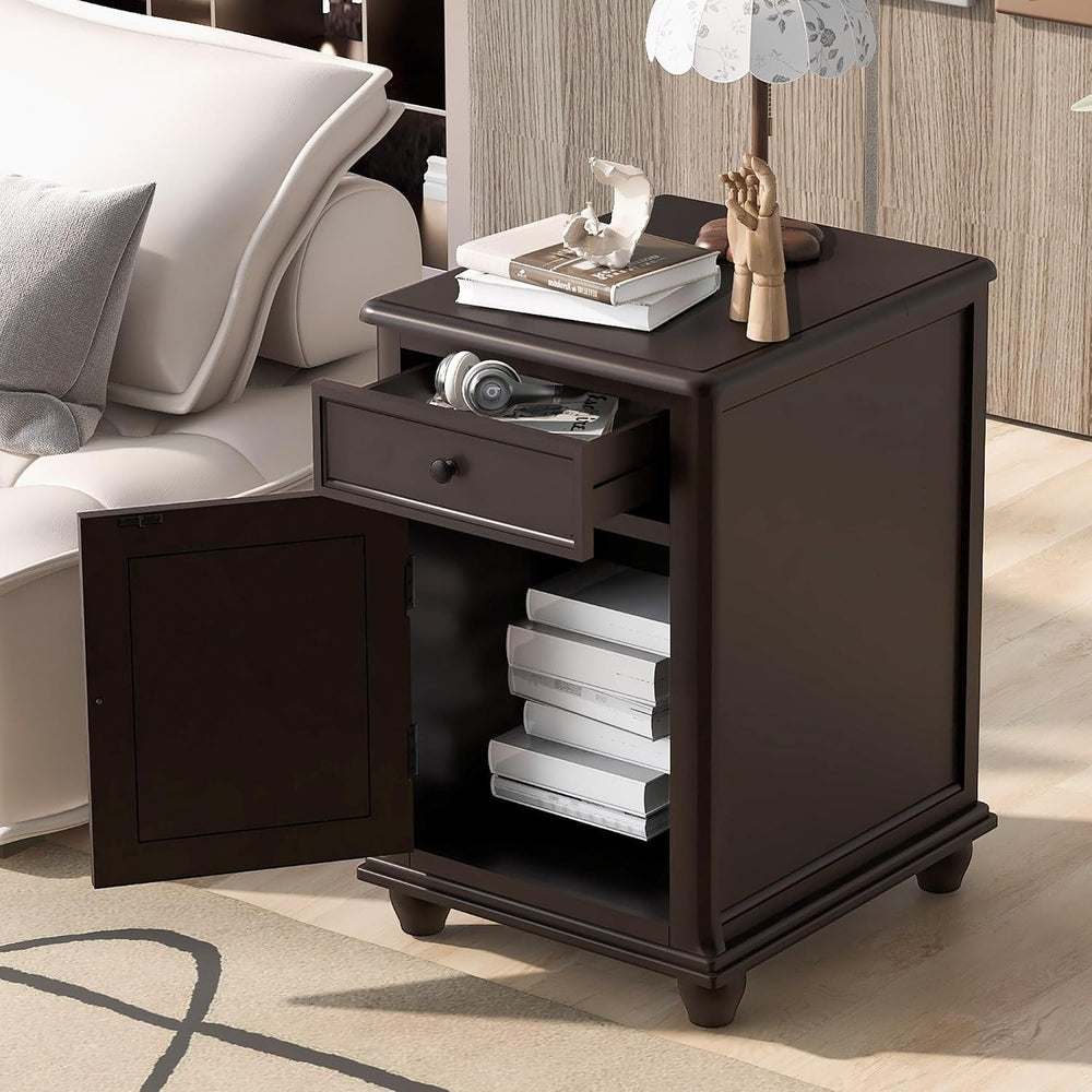End Table with Solid Wood Legs, Side Table with USB Ports, 1 Storage Cabinet ...