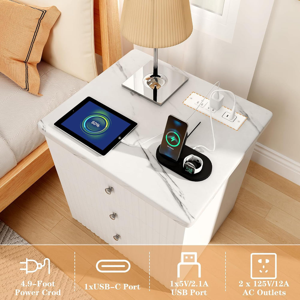 AWQM White Nightstand Set of 2, Night Stand with Charger Station and 3 Drawer...