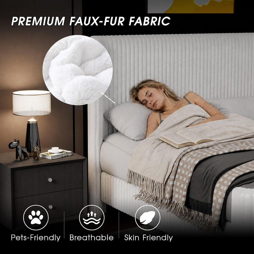 Ihanherry Queen Size Bed Frame with Faux-Fur Curved Wingback Headboard & ...