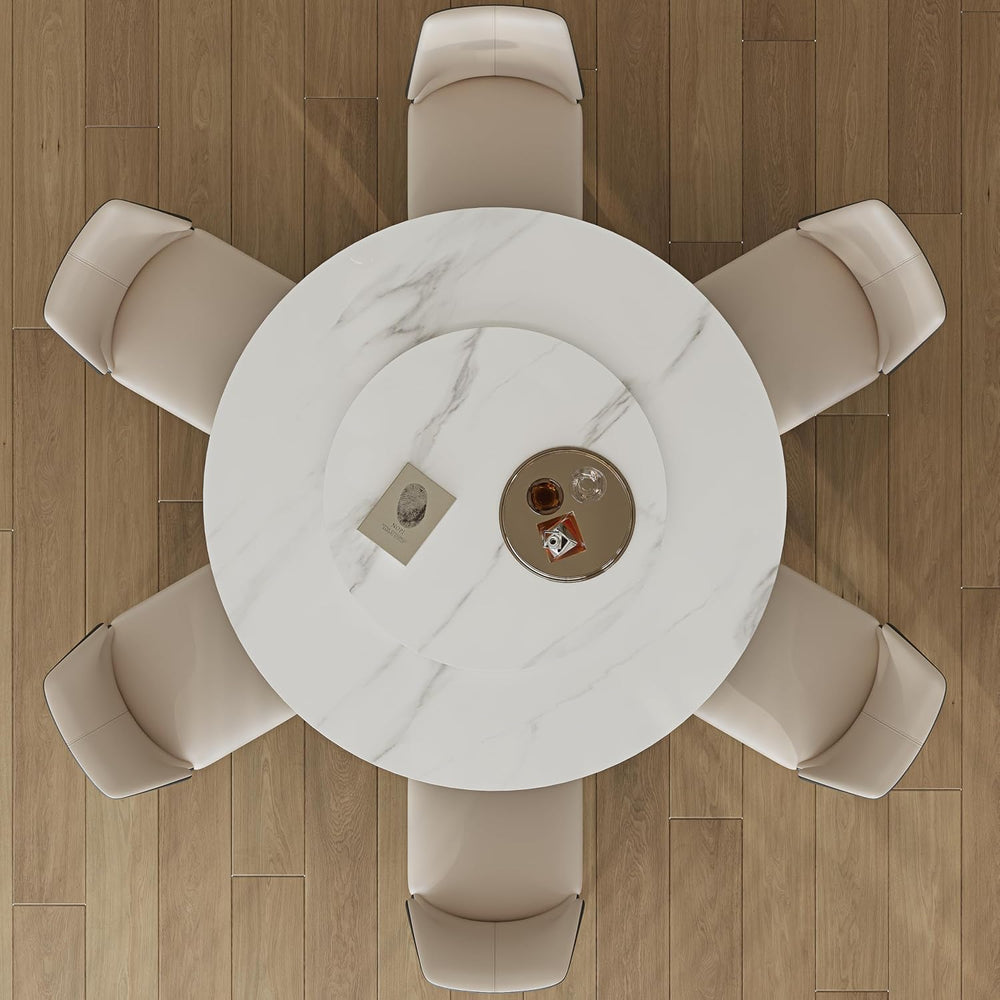 Montary 59" Modern Round Dining Table, Turntable Faux Marble Kitchen Tab...