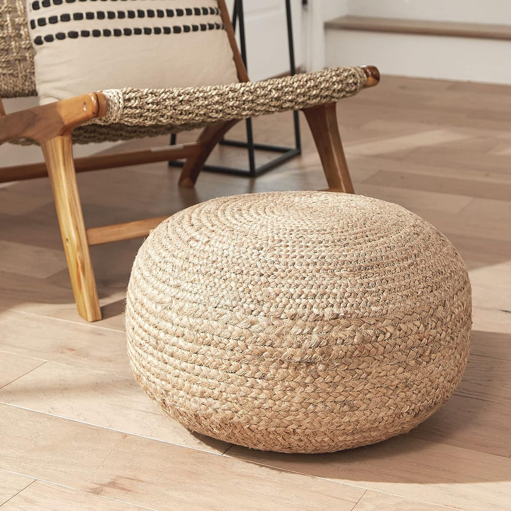 Decor Therapy Round Pouf Ottoman Footrest, Natural Jute Woven, Boho Pouf, Boh...