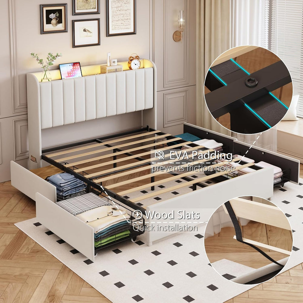 Full Bed Frame with 4 Drawers and Storage Headboard, Upholstered Platform Bed...