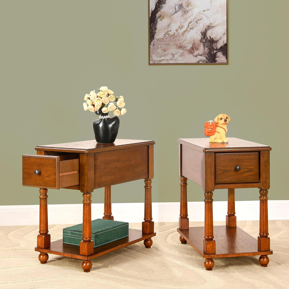 Set of 2 Narrow End Table with Drawer, 2-Tier Tables, Cherry Brown | Skinny E...