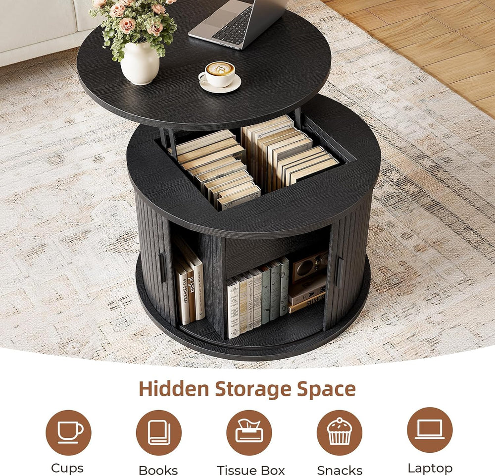 Round Lift Top Coffee Table, 23.6" Fluted Drum Coffee Table with Large H...