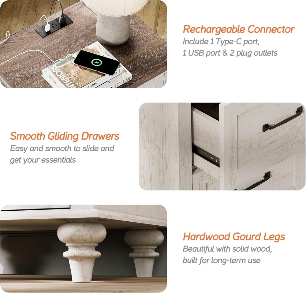 WAMPAT Nightstand Side Table with Charging Station, Antique White End Table w...