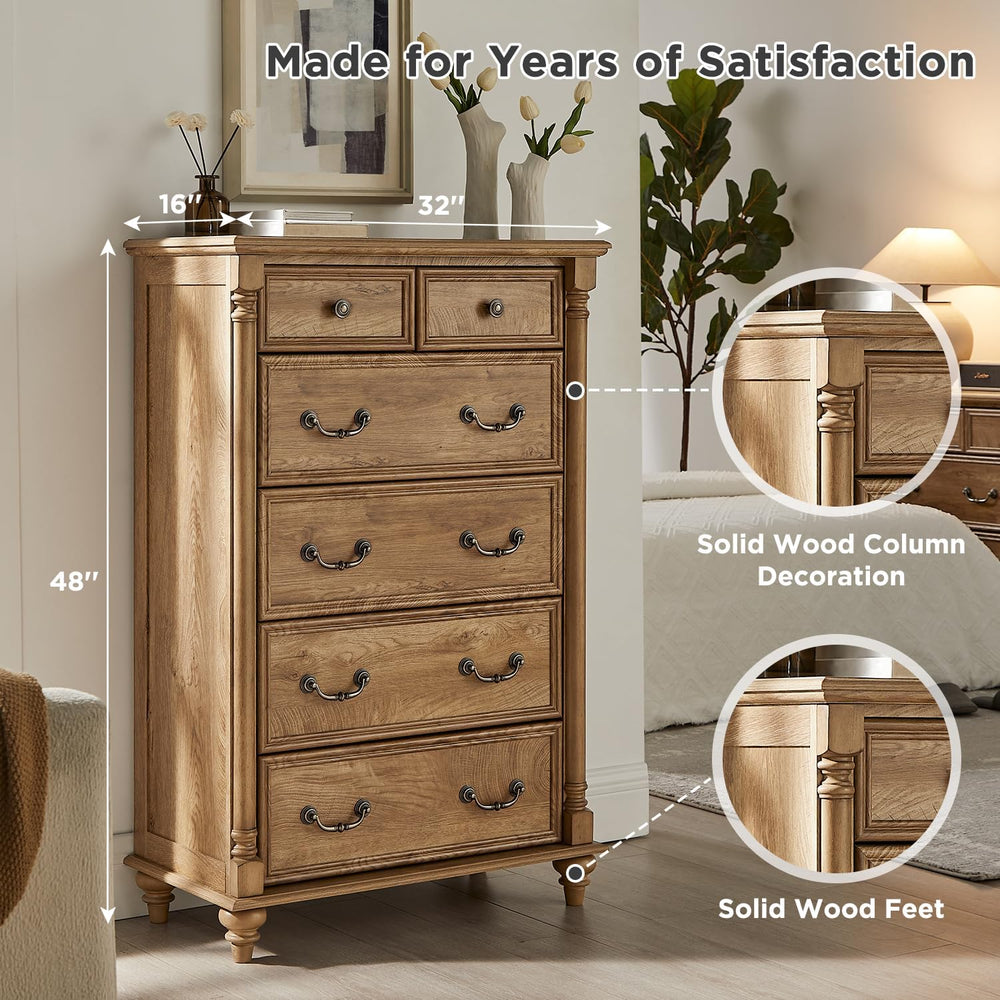 T4TREAM Farmhouse 6-Drawer Dresser with Solid Wood Feet, Light Tree Knot