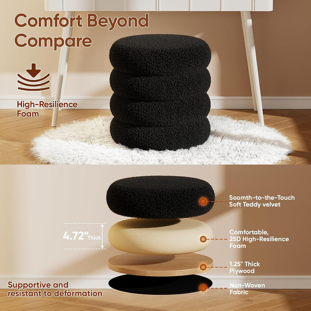Soft Teddy Round Ottoman with Tray, 17.5 Inches Ottoman Coffee Table with Sto...
