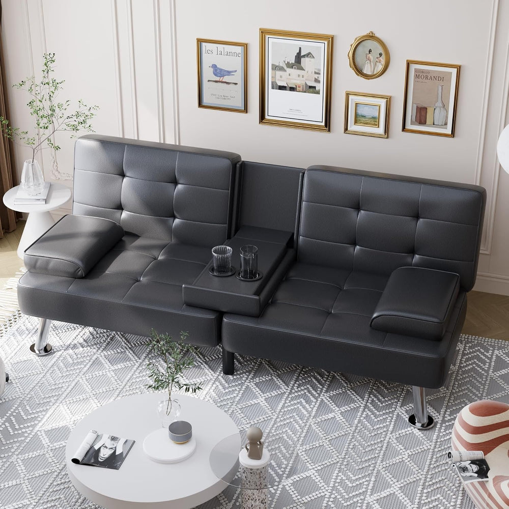 Shahoo Leather Convertible Futon Sofa Bed, Folding Sleeper Loveseat Couch | U...