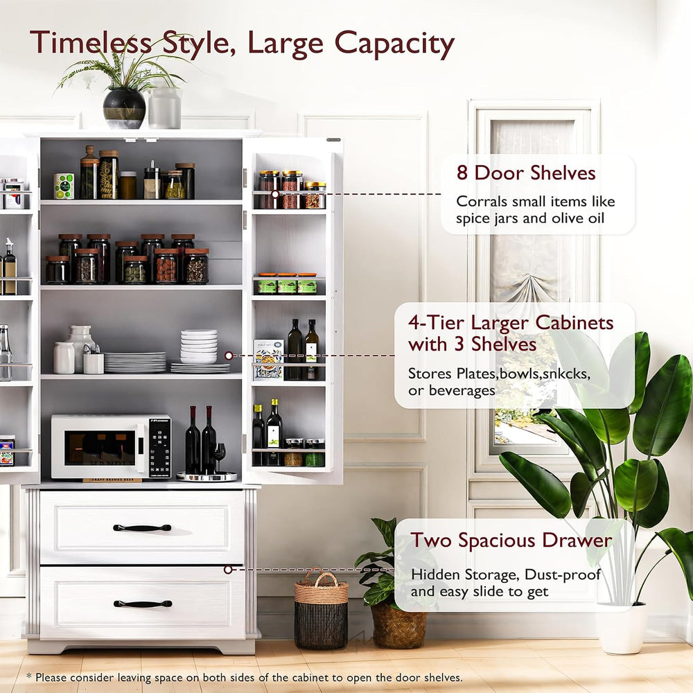 71" Tall Farmhouse Pantry Cabinet, Wood Storage Cabinet with 2 Doors, 2 ...