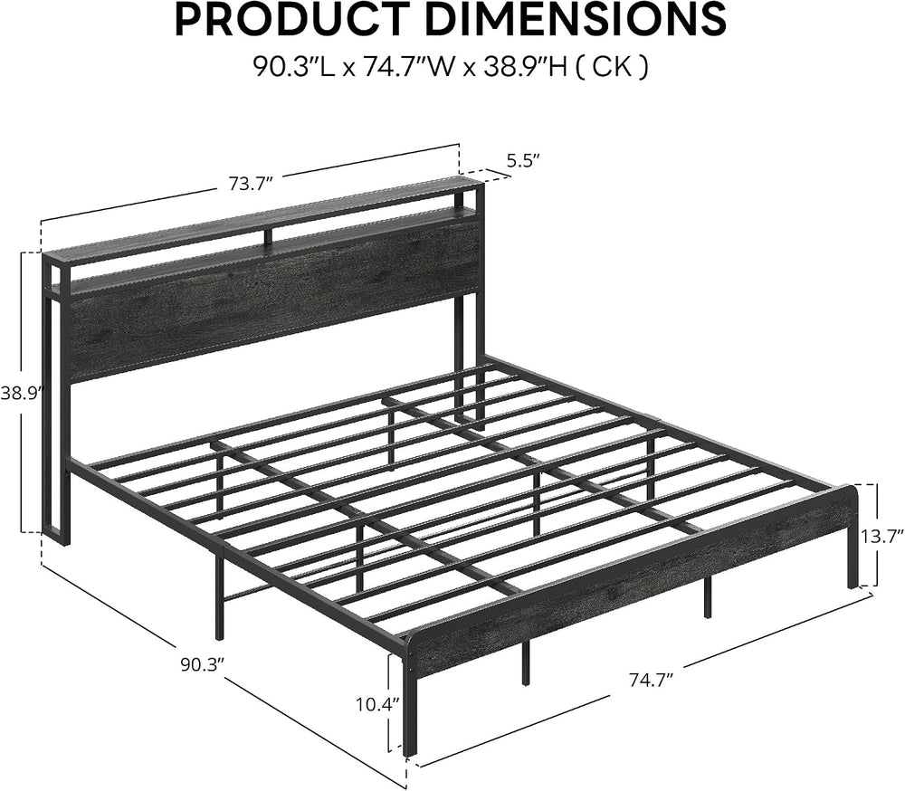 LIKIMIO California King Bed Frames with 2-Tier Storage Shelf Headboard