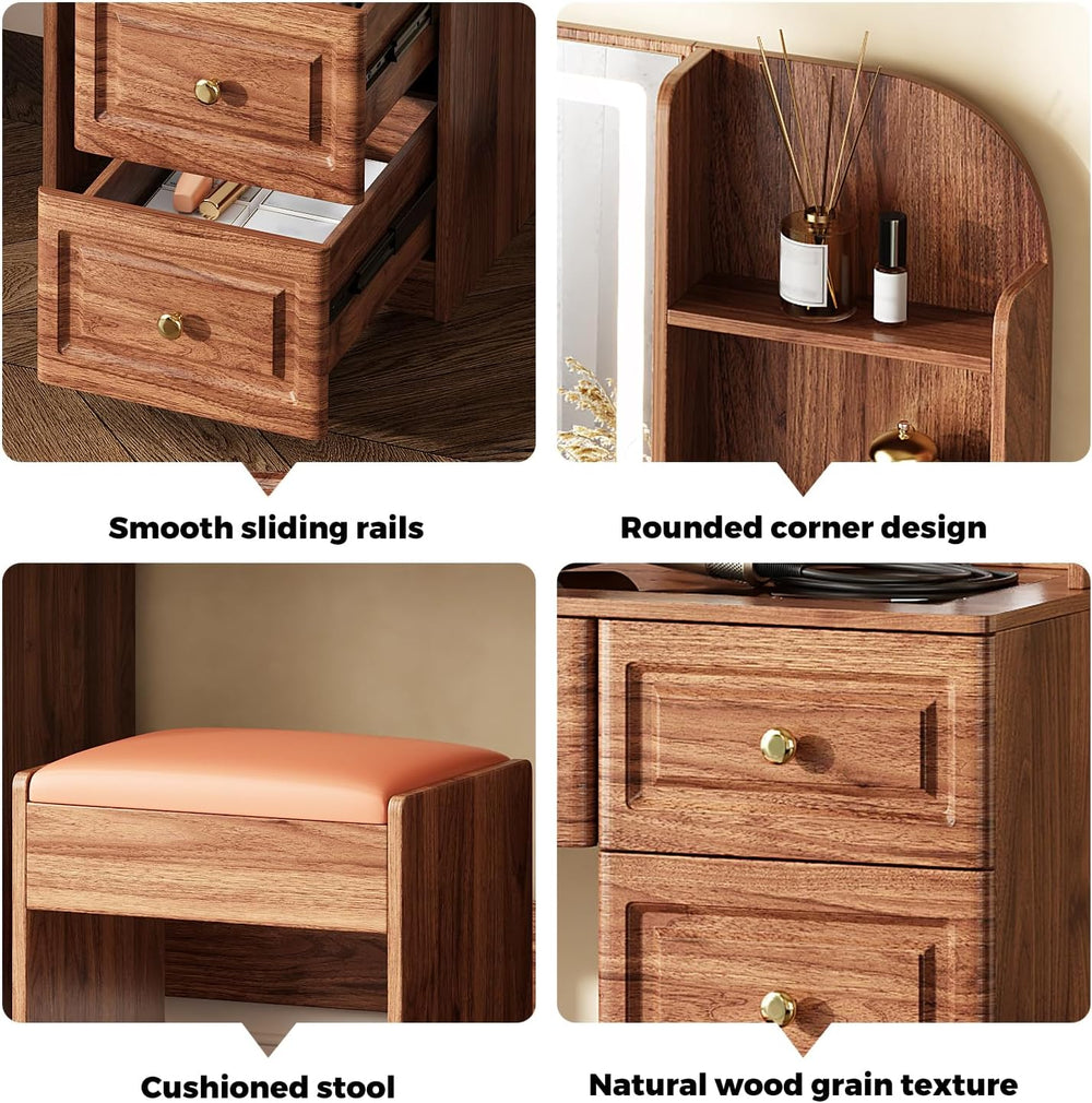 Arulvmrn 43” Wooden Makeup Vanity Set with Mirror and Lighted,Modern Vanity D...