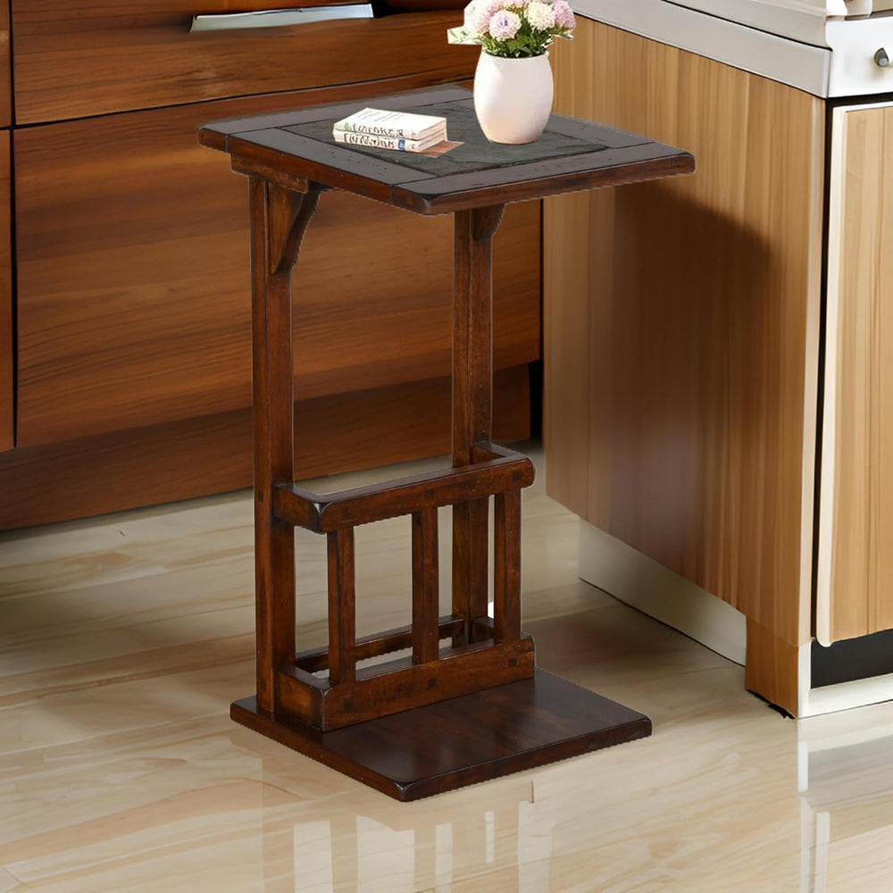 Benzara Jenne Sofa Side Table with Magazine Rack- 13 Inch Top- Dark Brown Wood