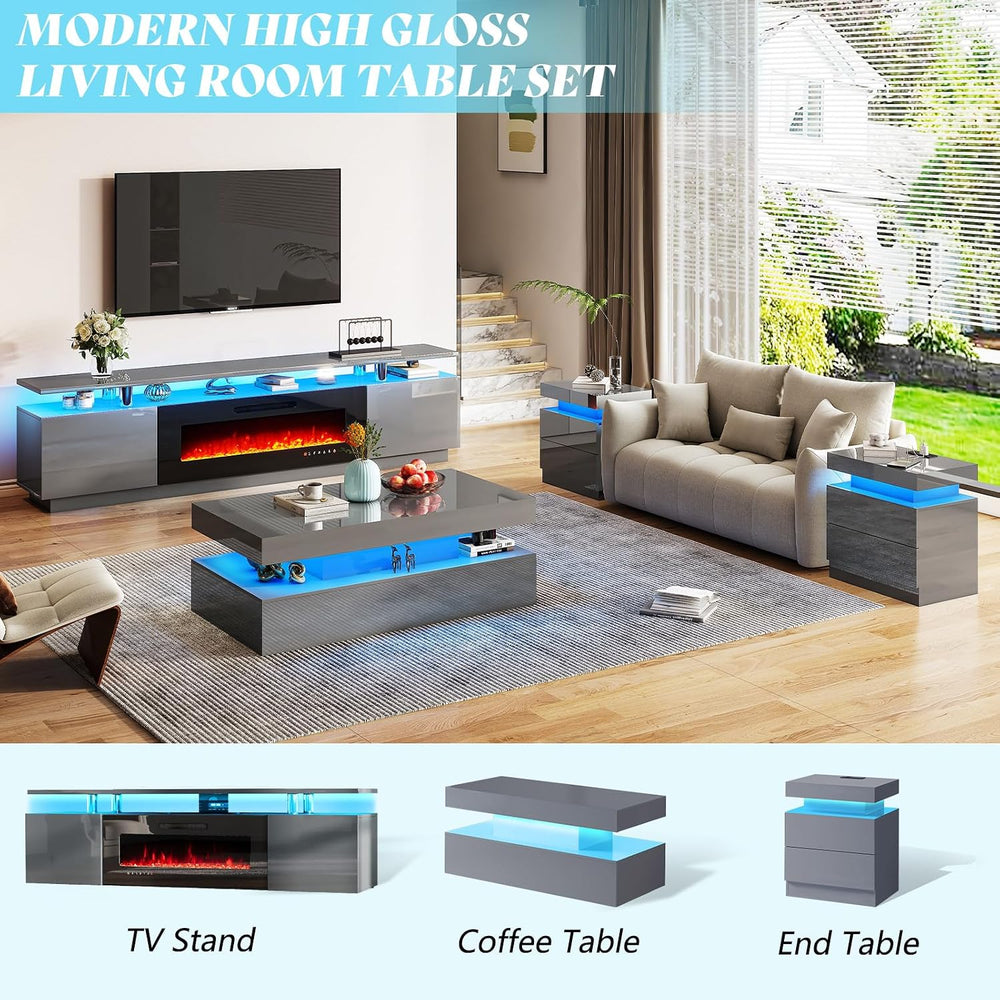 AMERLIFE 3-Piece High Gloss Coffee Table Set with LED Lights