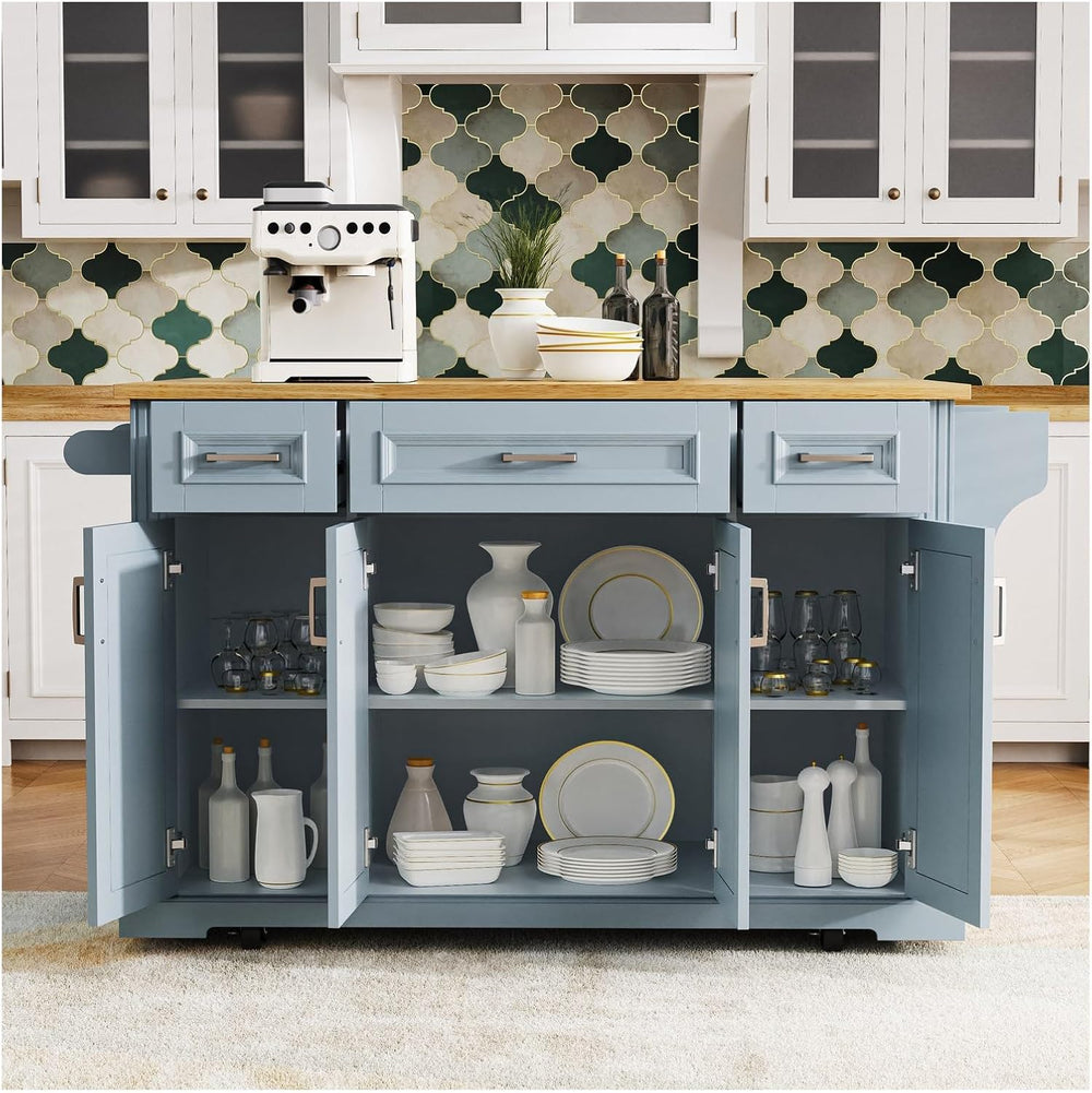 54-Inch Rolling Kitchen Island with Drop Leaf | Grey Blue