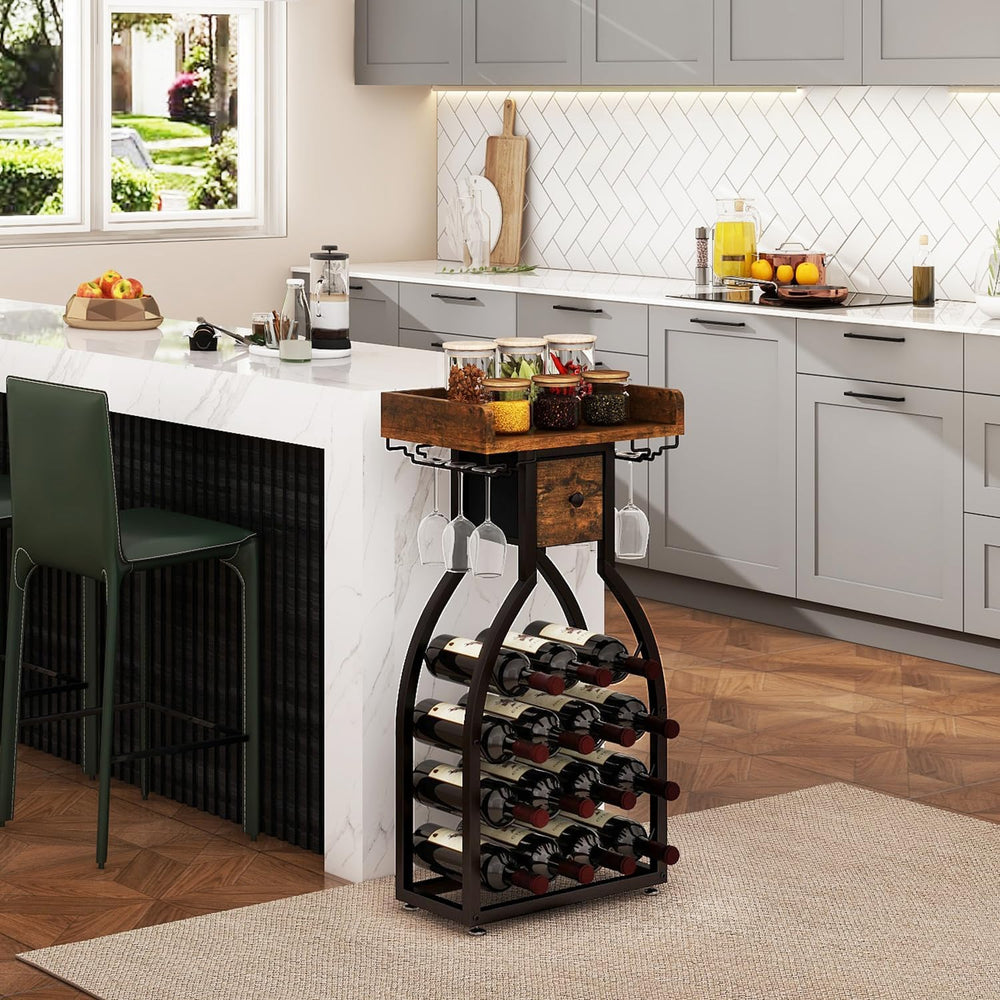 IBUYKE Wine Rack Freestanding Floor,15 Bottles,Glass Holder,Brown TMJ908H | M...
