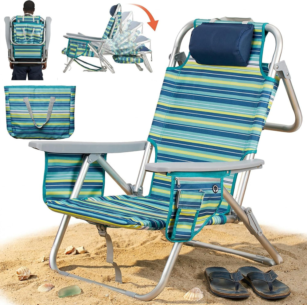 Aluminum Backpack Low Profile Beach Chair - 5-Position Lay Flat Reclining Fol...