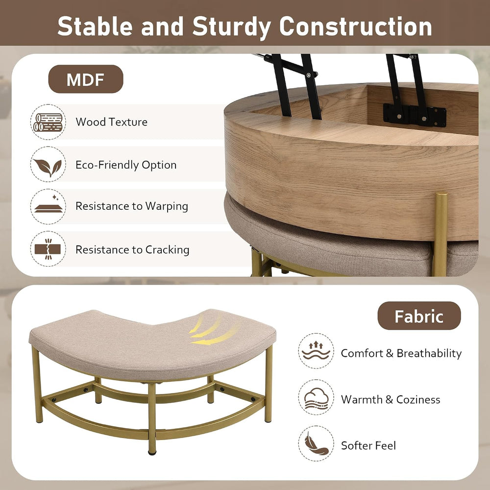 31.5" Modern Round Lift-Top Coffee Table with Storage & 3 Ottoman,Wh...
