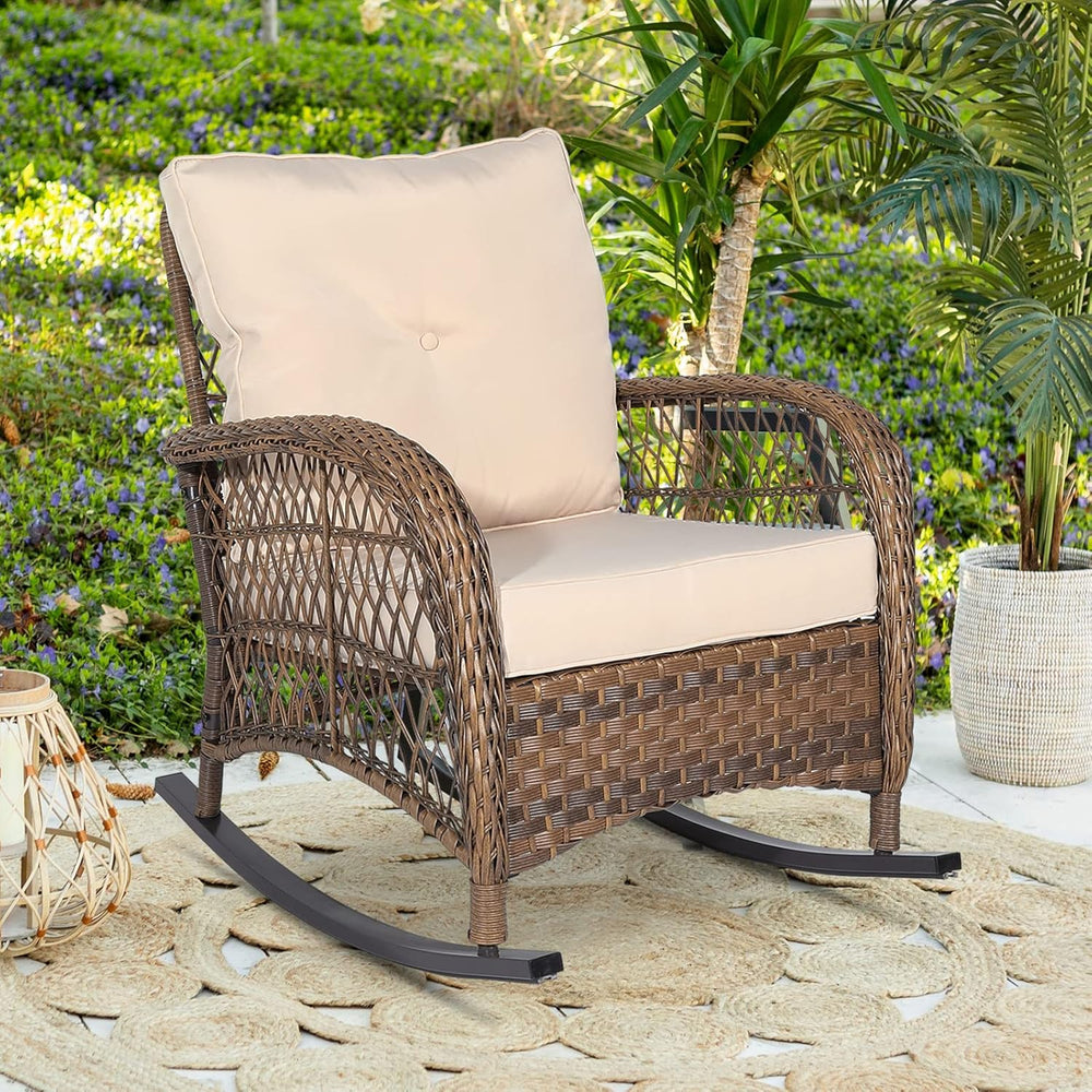 Outdoor Wicker Rocking Chair with Thickened Cushions, All-Weather Rattan Pati...