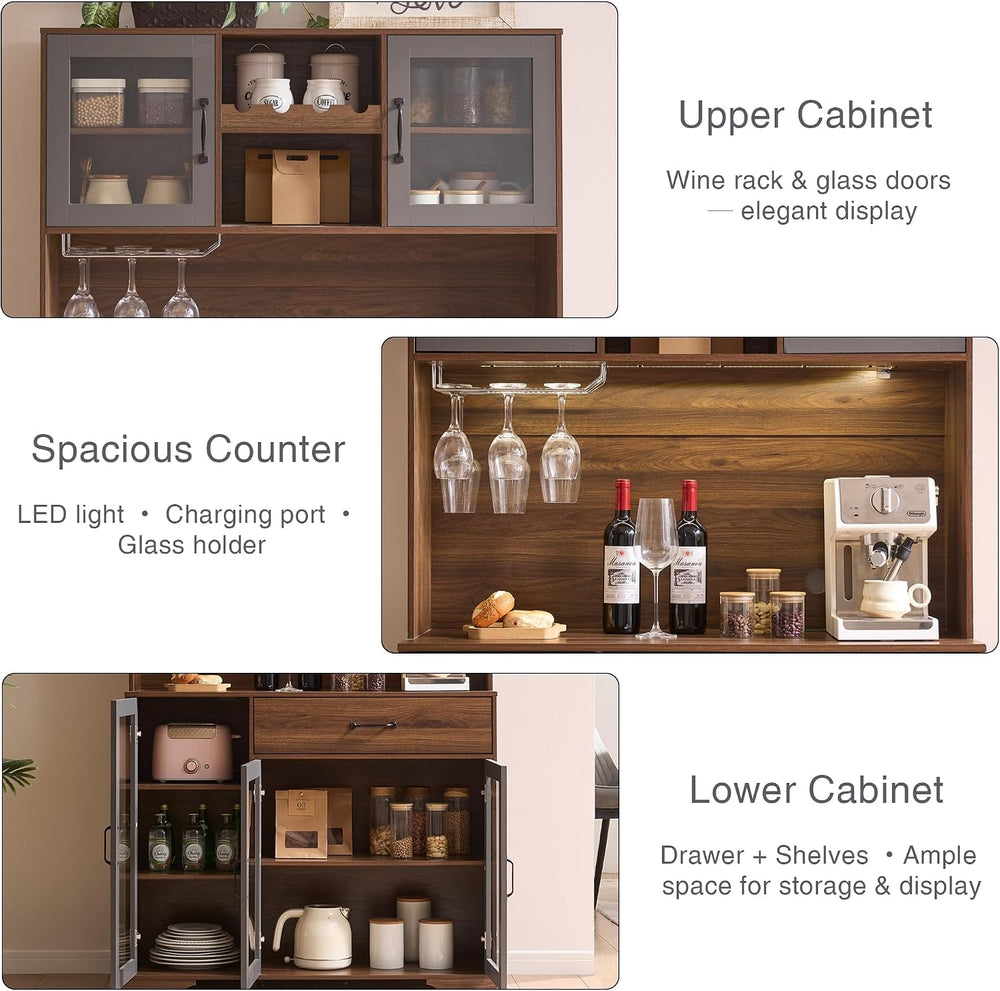Fatmok 71" Tall Pantry Cabinet with Glass Doors, Kitchen Hutch Storage C...