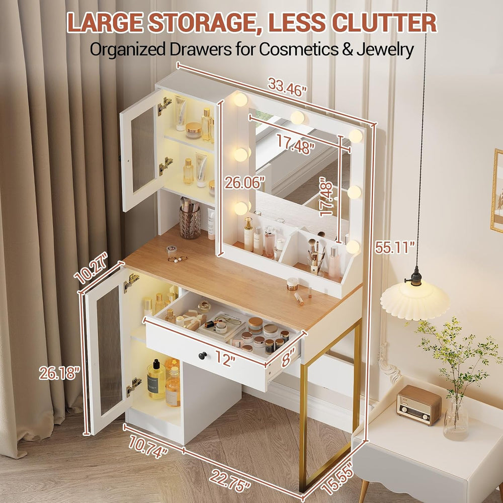 IDEALHOUSE Makeup Vanity Desk with Mirror and Lights, Vanity Table with Charg...