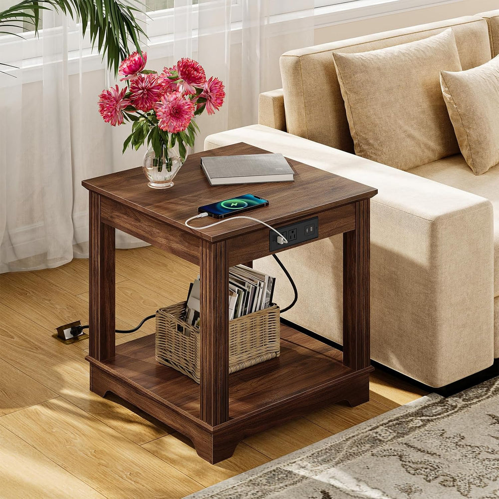 CHOEZON Farmhouse End Table with Charging Station, 2-Tier Large Side Table, S...