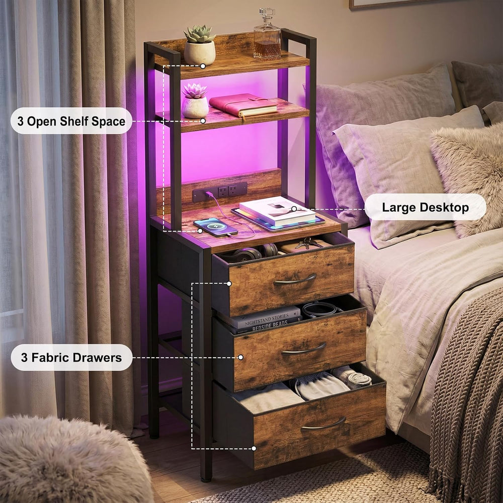 Fixwal 41 Inch Tall Nightstand with Charging Station, Led Night Stand with U-...