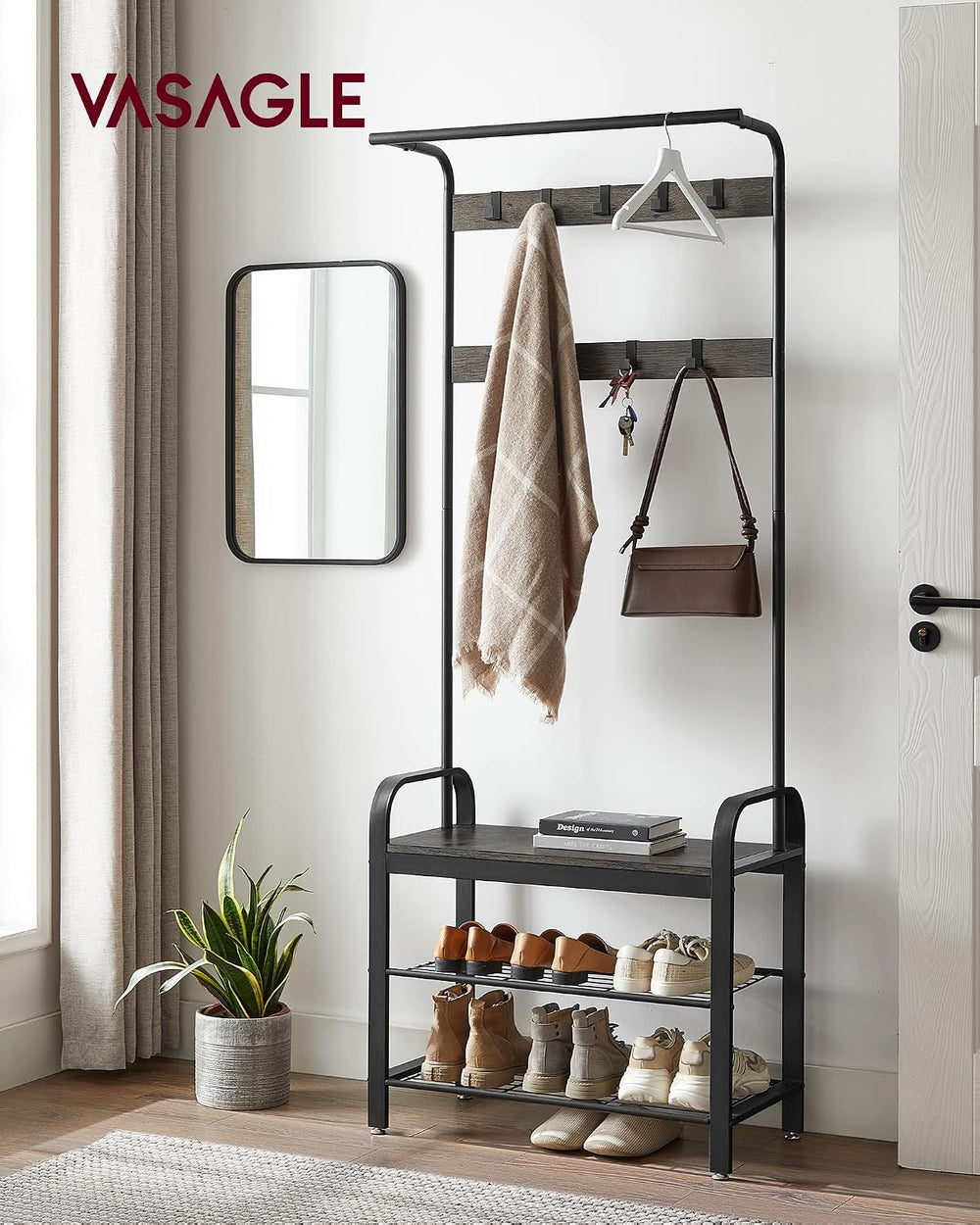 VASAGLE Coat Rack, Hall Tree with Shoe Bench, 4-in-1, 9 Removable Hooks
