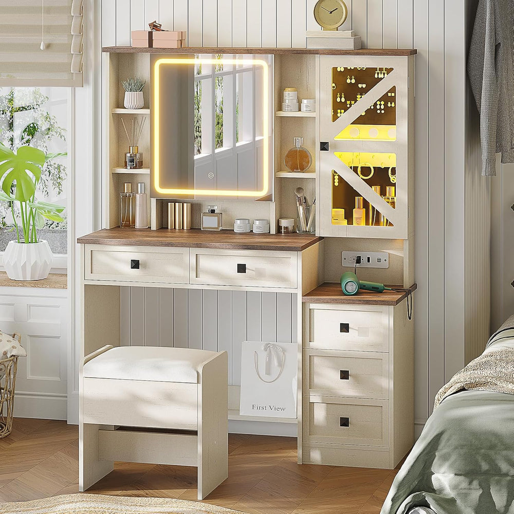 AOGLLATI Farmhouse Vanity Desk with Mirror and Lights, Makeup Vanity Set with...