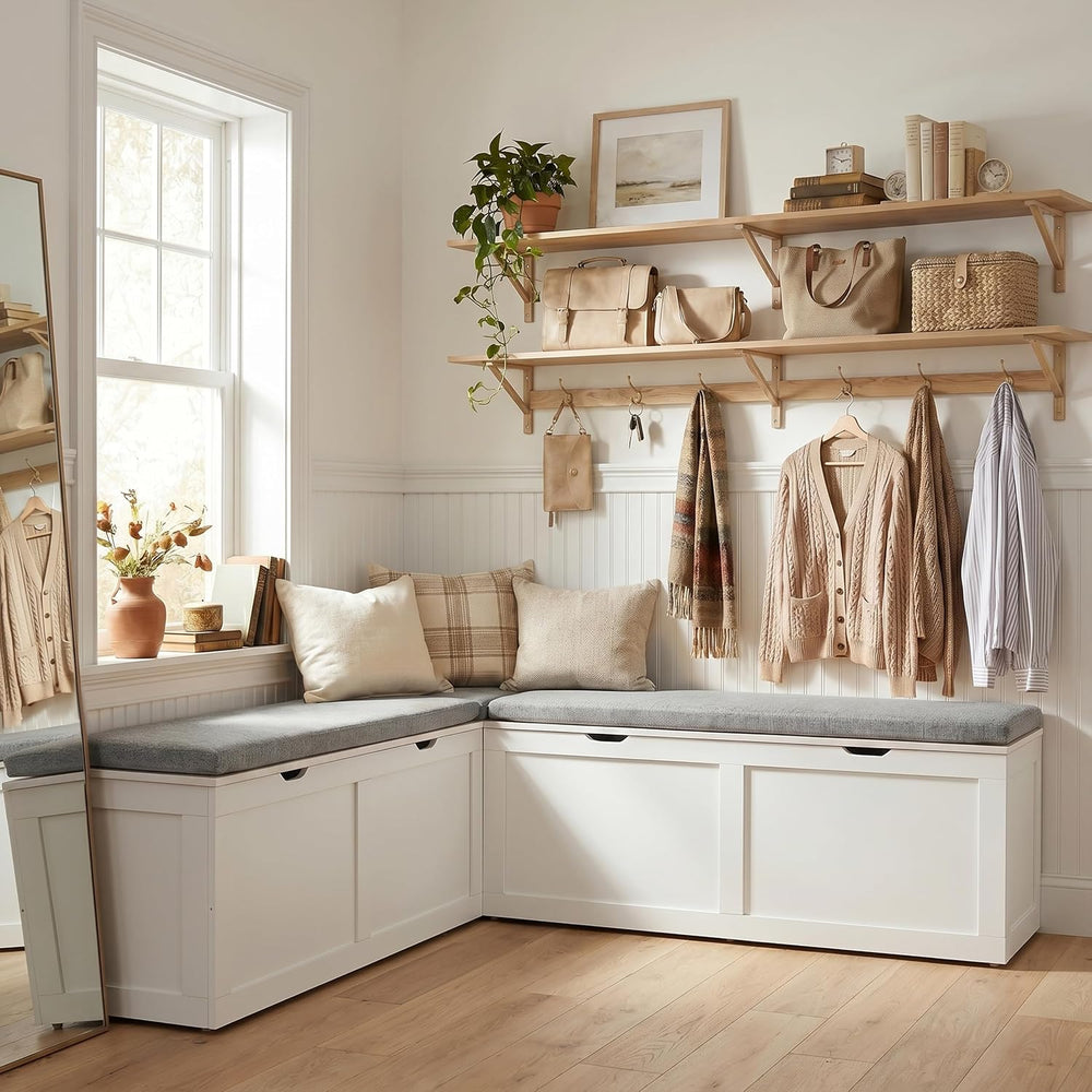 63” Breakfast Nook Bench, L Shaped Storage Bench with Cushion, White | Corner...