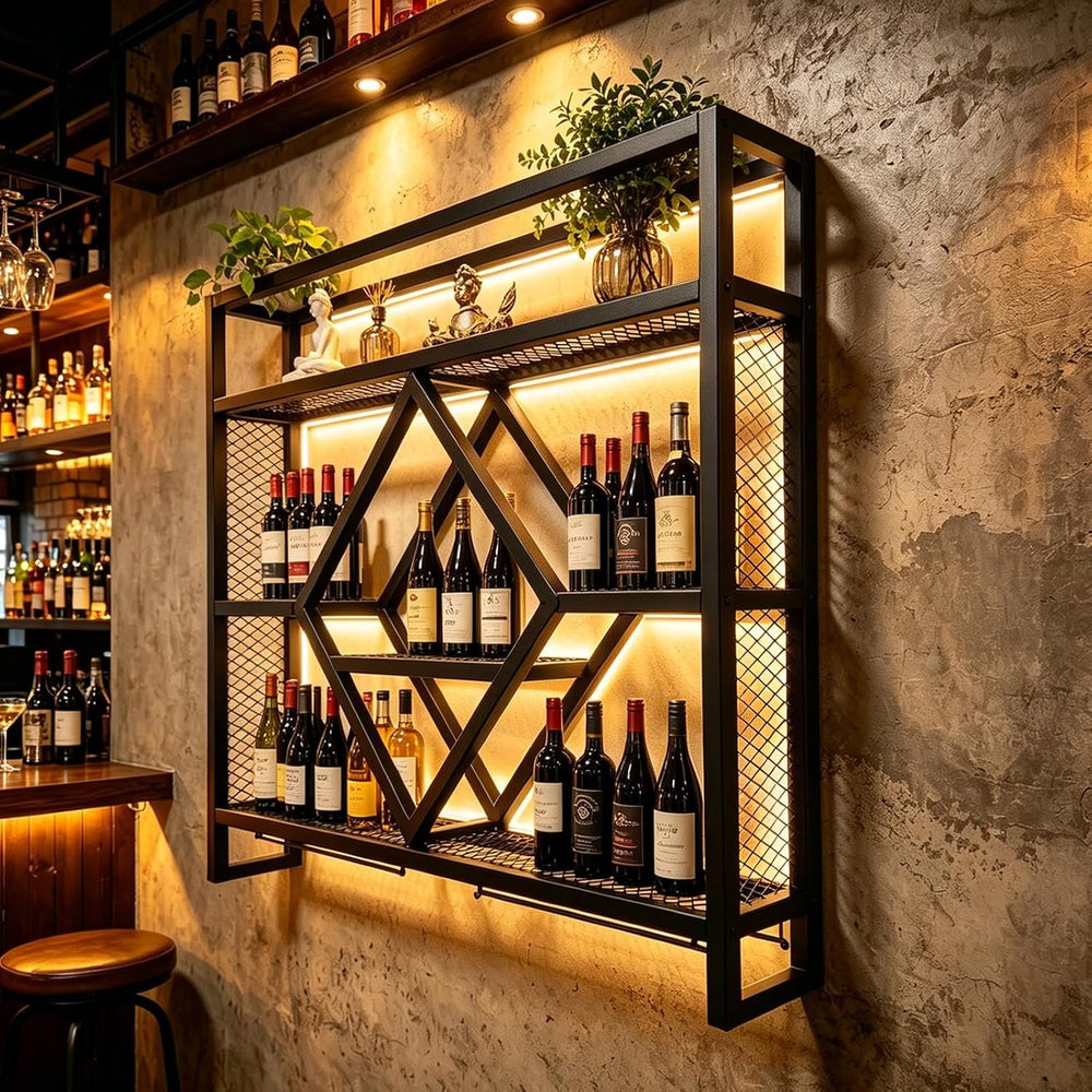 Wall Mounted Wine Rack with LED Light, 39.4in Industrial Metal Wine Bottle Di...