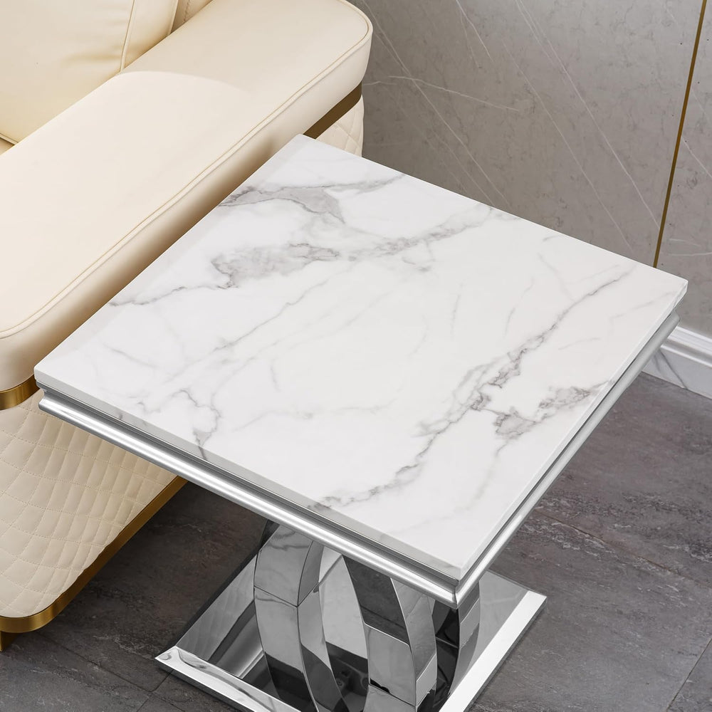 Modern Marble End Table Luxury White Faux Marble Sofa Side Table with Silver ...