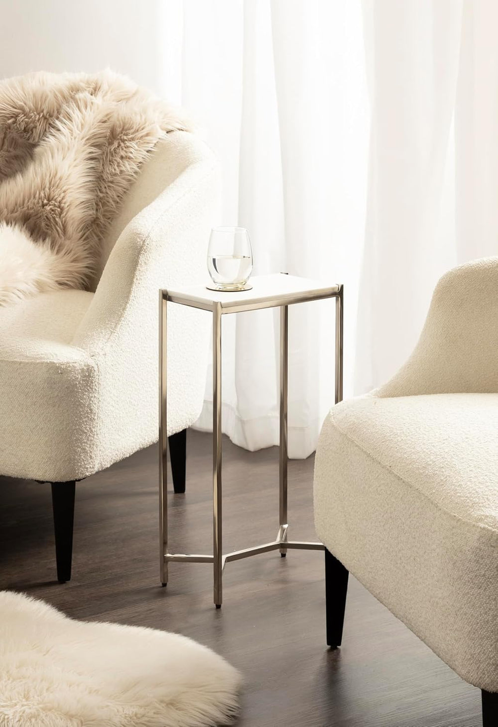 Kate and Laurel Aguilar Modern Glam Slim Side Table, 12 x 7 x 22, White Marbl...