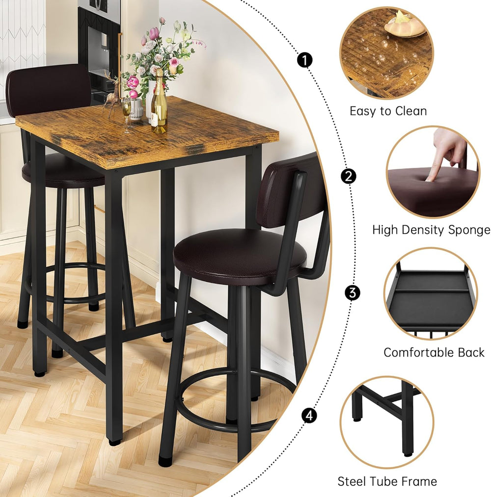 Recaceik 3 Piece Pub Dining Set, Modern bar Table and Stools for 2 Kitchen Co...
