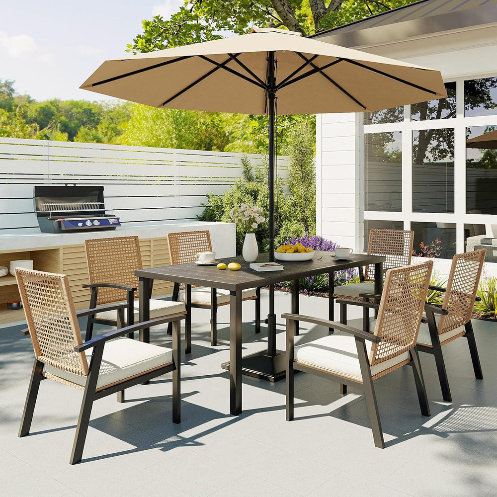 Aoxun 7-Piece Wicker Patio Table and Chairs Set for 6 with Umbrella Hole