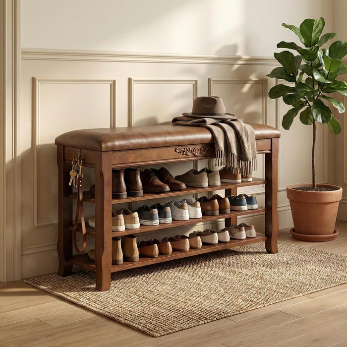 Shoe Rack Bench Entryway Storage with Leather Cushion, 39.4"